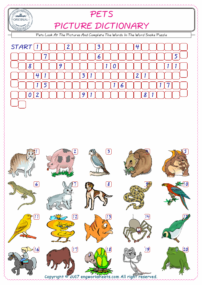  Check the Illustrations of Pets english worksheets for kids, and Supply the Missing Words in the Word Snake Puzzle ESL play. 
